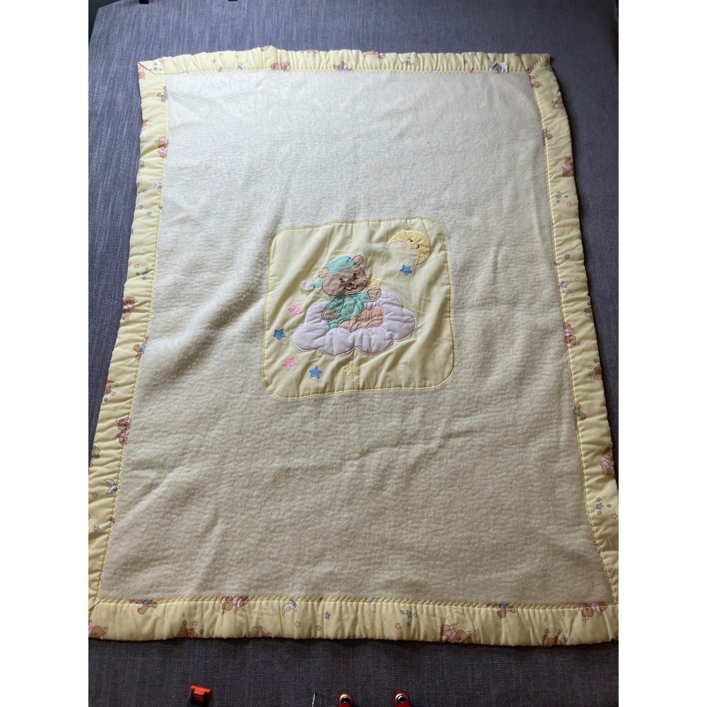 Vintage Quiltex Baby Blanket Teddy Bear Cloud Moon Stars Yellow Cream‎ 34x37 USA